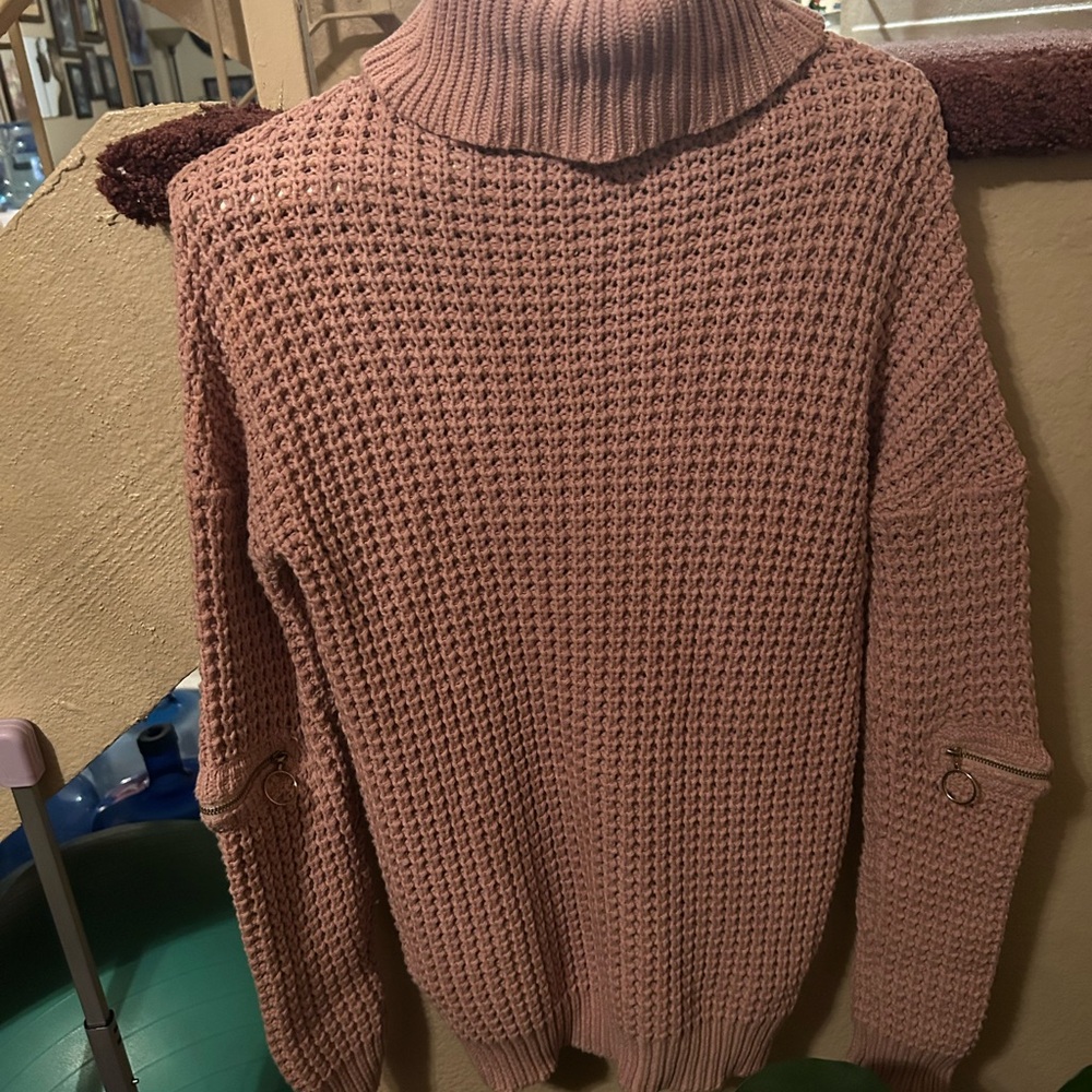 Guess Mauve Cowl Neck Sweater gold hardware zippers at elbows beautiful look